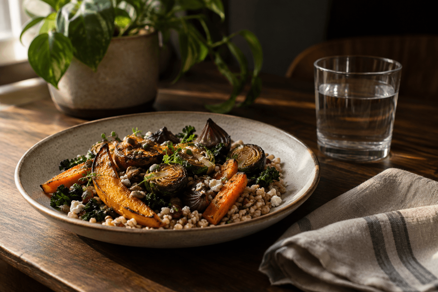 Illustrative still life of a plated meal on a table; it is not a restaurant or menu photograph.